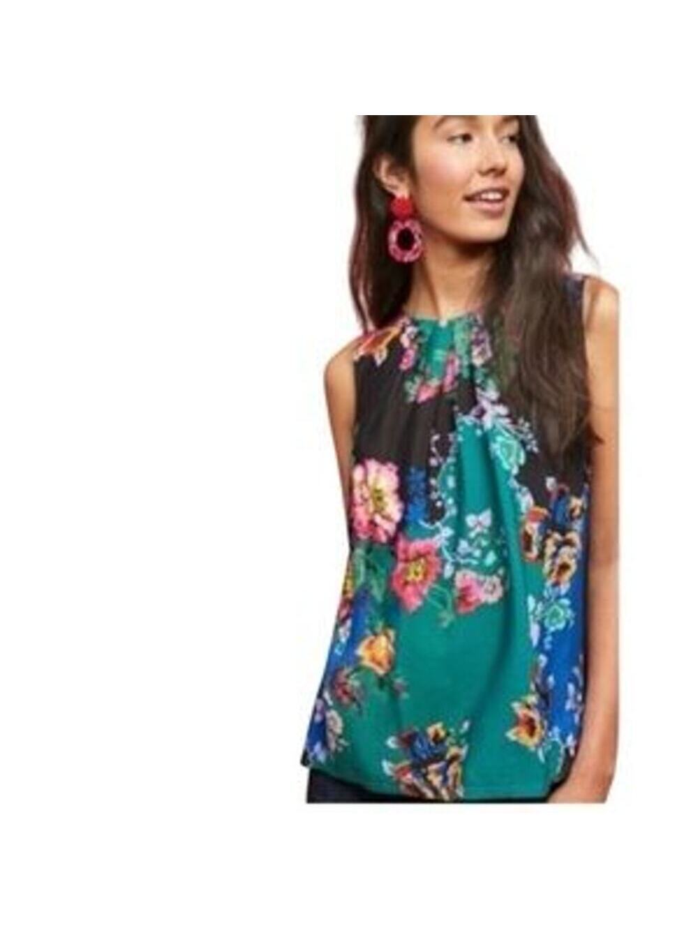 Anthropologie Vanessa Virginia EUC Women's Tank Top Teal Floral Pleated Neck  L